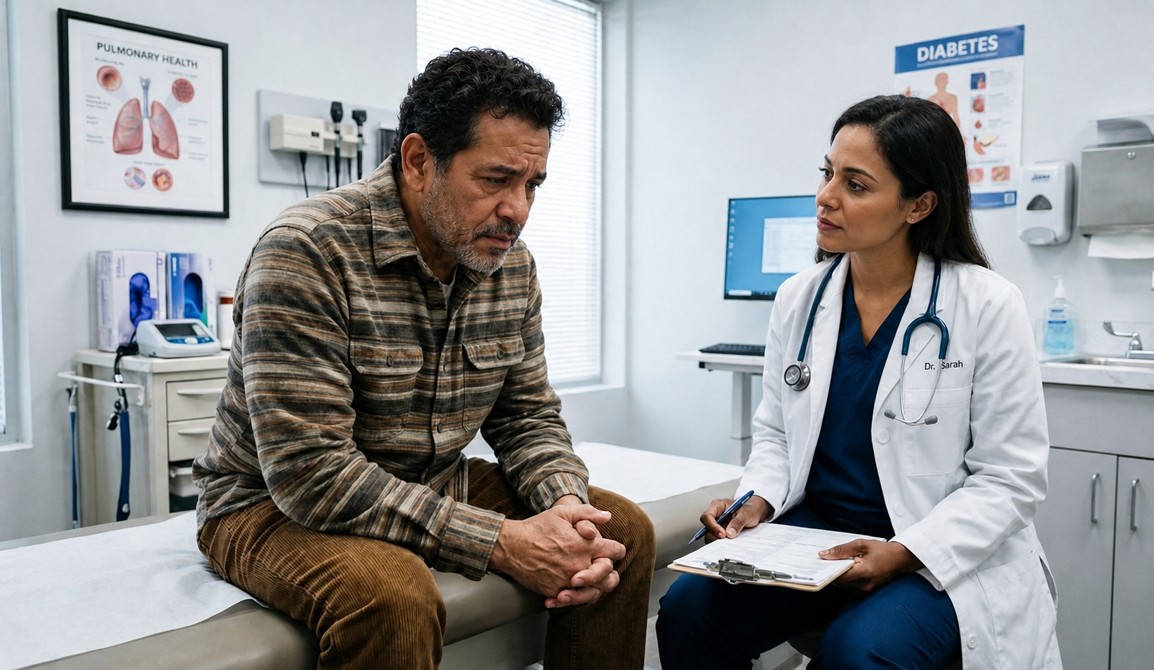Homem conversa com profissional de saúde durante uma consulta.
