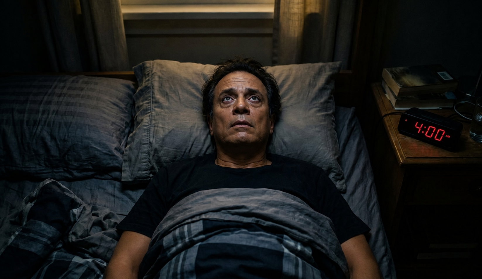 Homem acordado na cama durante a madrugada.