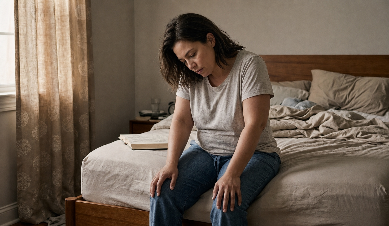 Mulher sentada na cama com cansaço, um possível sintoma da apneia obstrutiva do sono