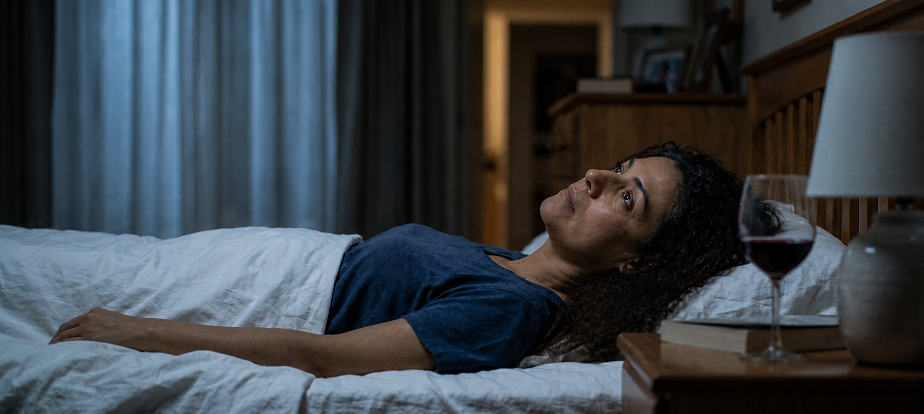 Featured Mulher deitada na cama durante a noite, com uma taça de vinho sobre a mesa de cabeceira.
