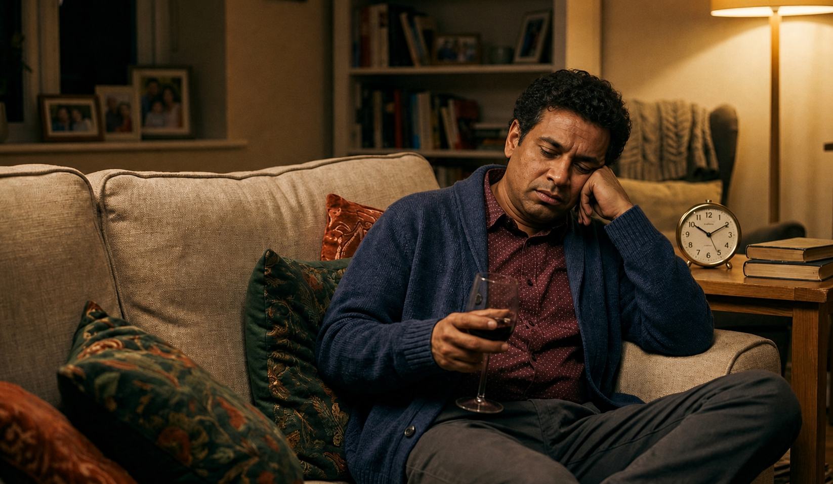 Homem sentado no sofá, segurando uma taça de vinho e com expressão de cansaço.