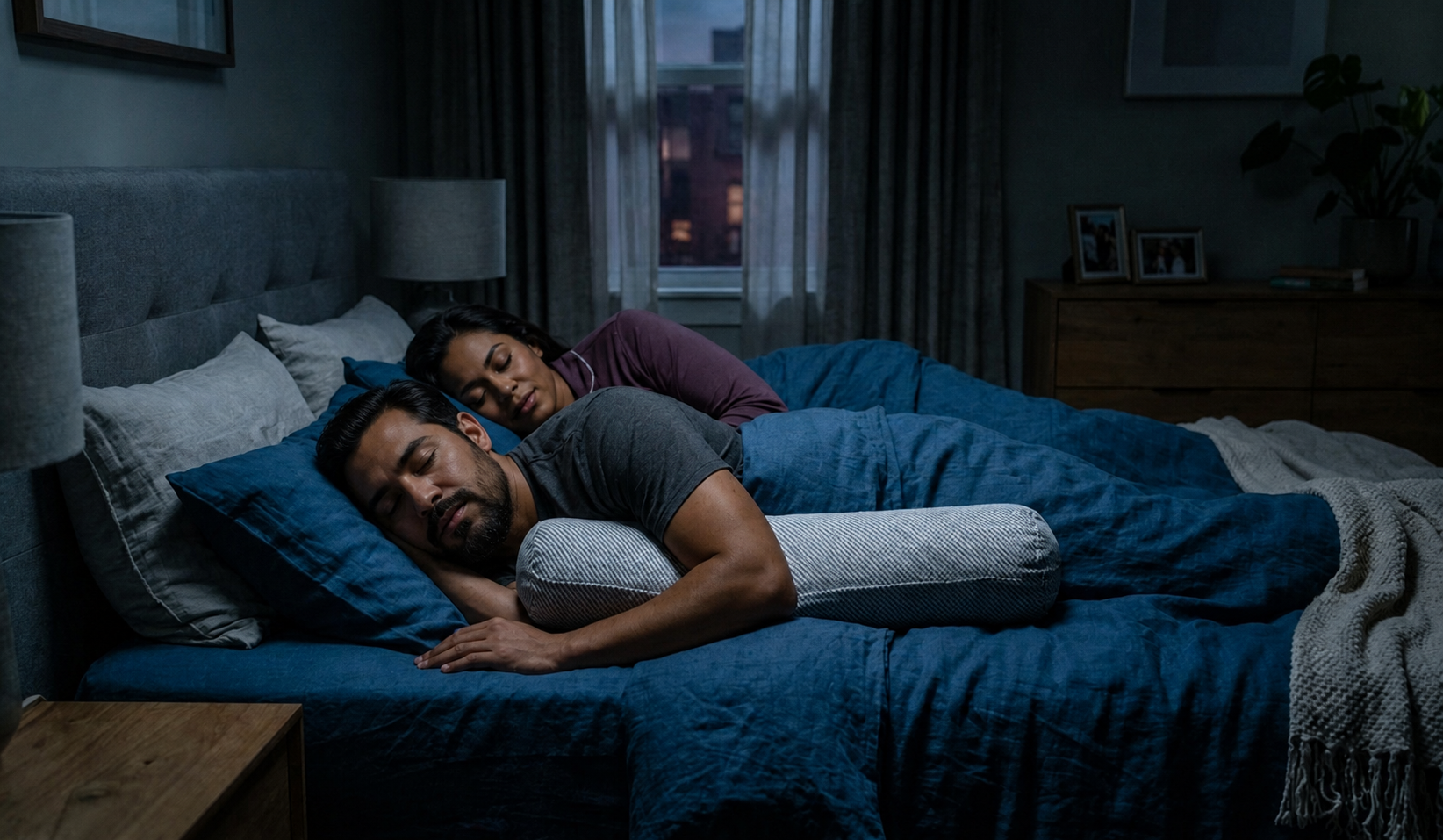 Casal dorme de lado, uma opção de terapia posicional para apneia do sono