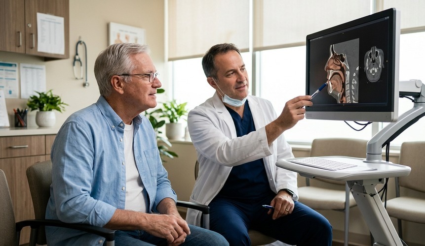Médico explica a um paciente imagens das vias respiratórias durante uma consulta sobre apneia do sono.