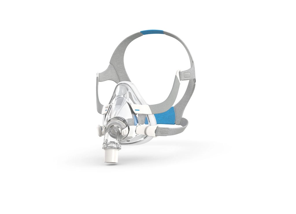 Mascarilla AirFit F20 con detalles de la marca ResMed en blanco, gris y azul