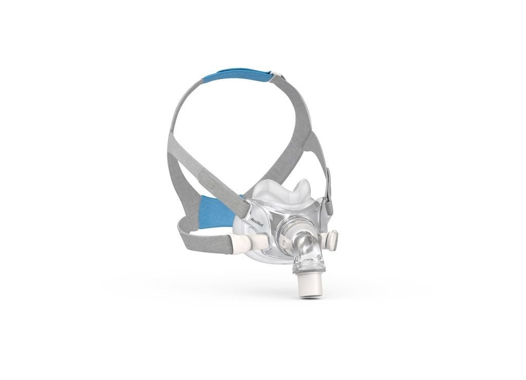 Mascarilla para tratamiento de apnea de la marca ResMed AirFit F30 destacada sobre fondo blanco