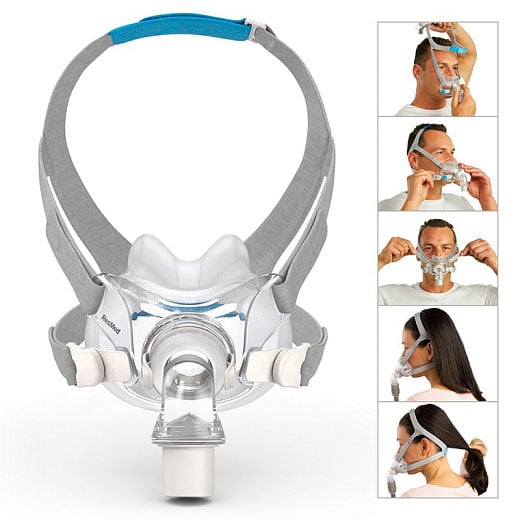 Mascarilla para tratamiento de apnea de la marca ResMed AirFit F30, personas muestran cómo usarla
