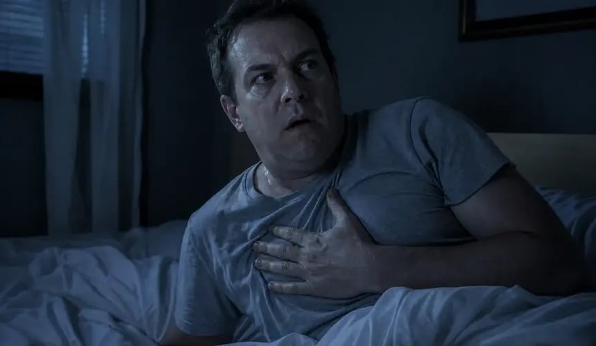 Homem acordado durante a noite, sentado na cama com expressão de susto e a mão sobre o peito.