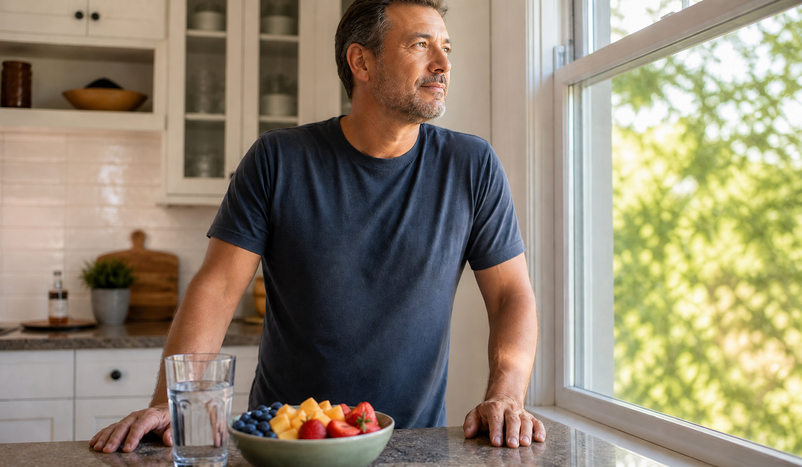 Homem em pé na cozinha, próximo a uma tigela de frutas