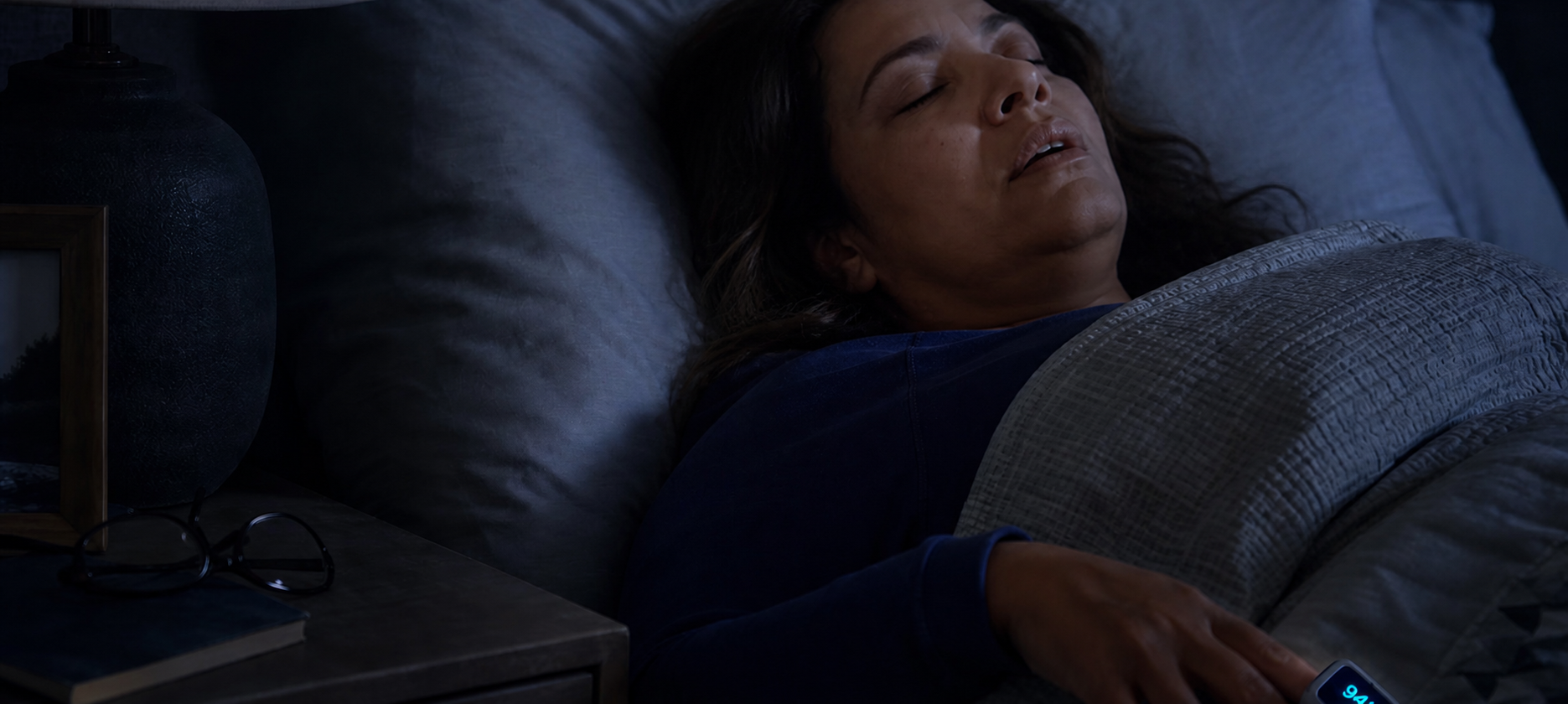 Mulher dormindo com oxímetro de pulso no dedo