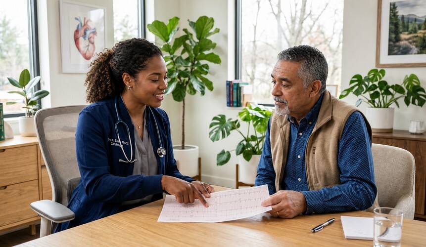 Profissional de saúde analisa um exame cardíaco com um paciente durante uma consulta.