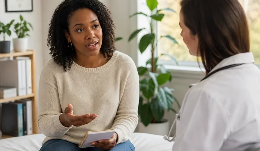 Mulher conversando com uma profissional de saúde durante uma consulta.