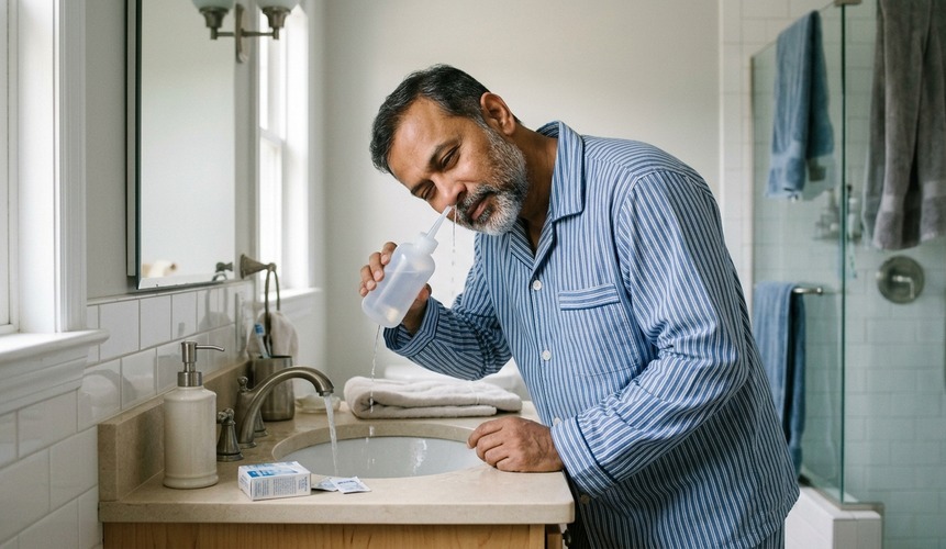 Homem fazendo lavagem nasal com solução salina