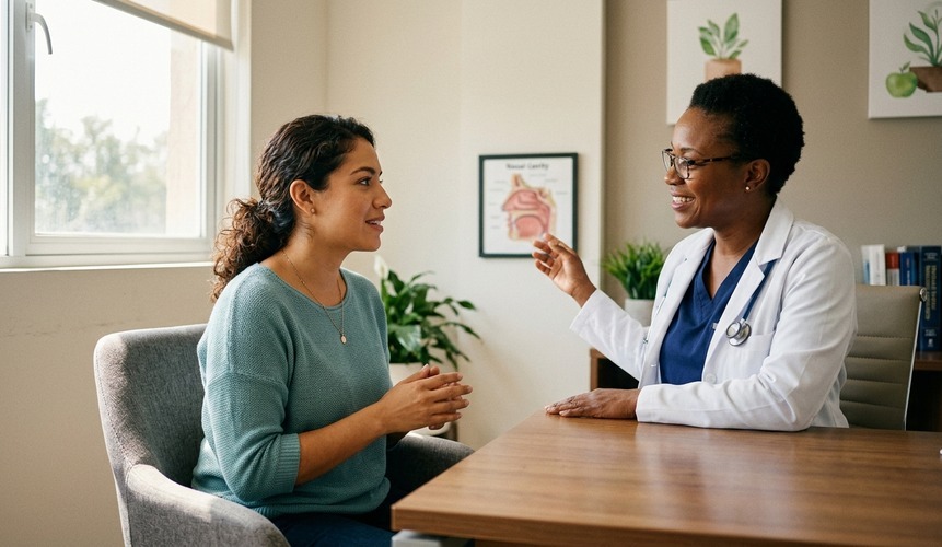 Médica conversando com paciente sobre problemas nasais