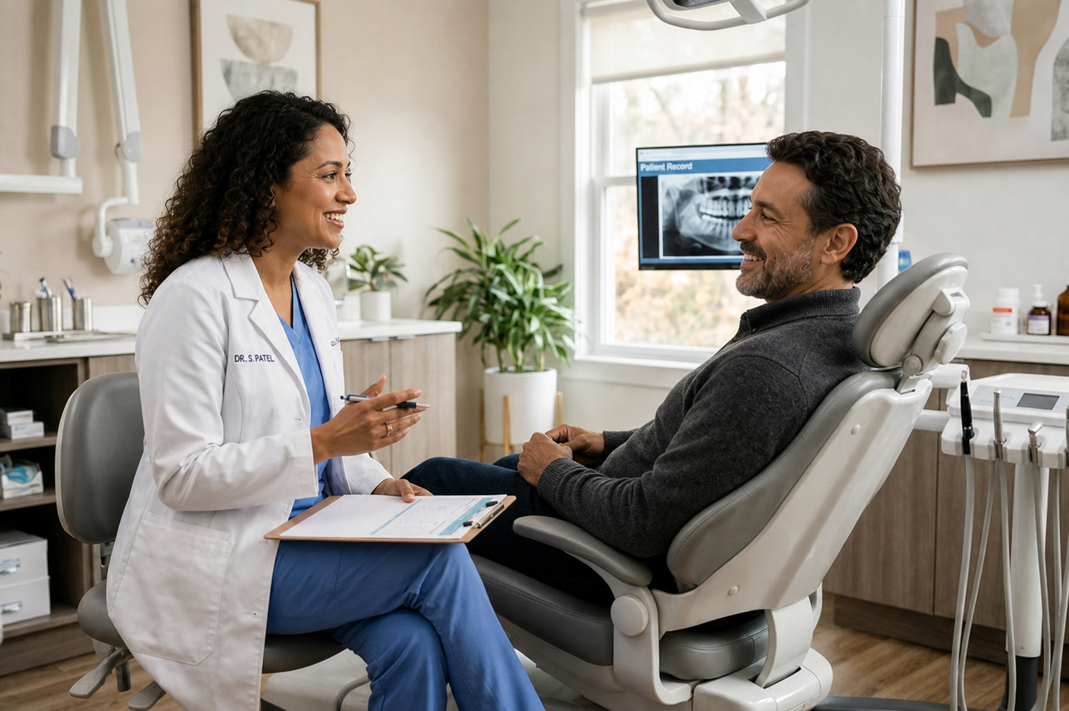 Dentista conversa com paciente sobre tratamento da apneia do sono.