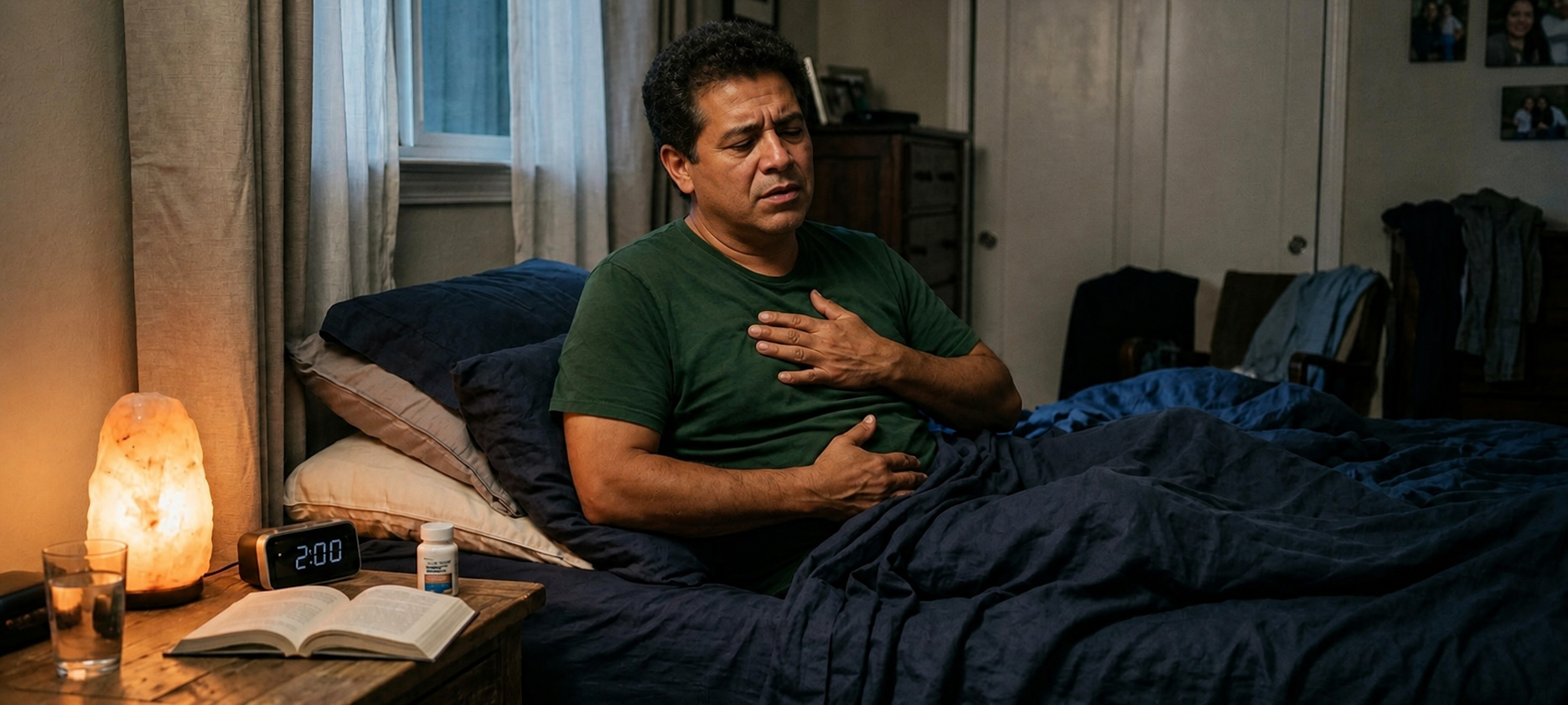 Homem acordado durante a noite com desconforto, ilustrando sintomas noturnos associados ao refluxo e à apneia do sono.