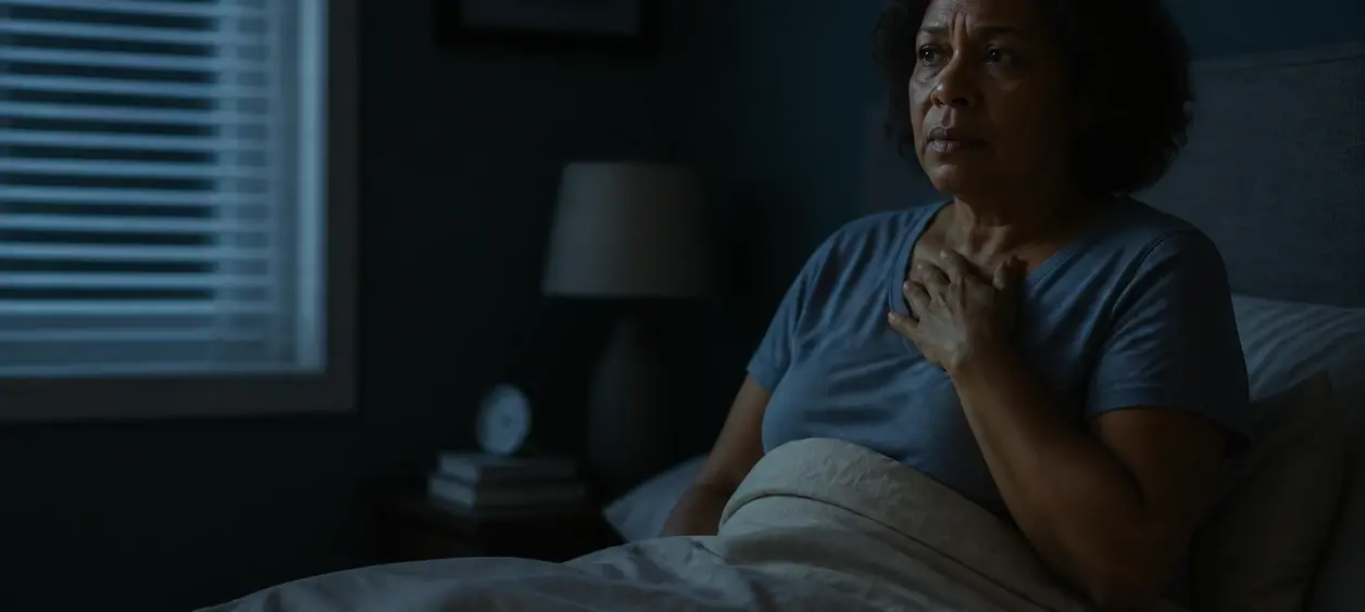 Mulher sentada na cama durante a noite, com expressão de preocupação e a mão sobre o peito.